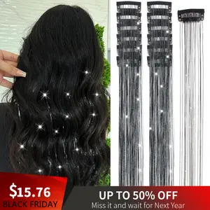 Hair Tinsel 20 Inch BLACK Glitter Tinsel Hair Extensions, Festival Tinsel Fairy Hair Extension Party Dazzle Hair Accessories Strands Kit for Women Girls Kids (6Pcs,Black#) hair halloween cosplay prop