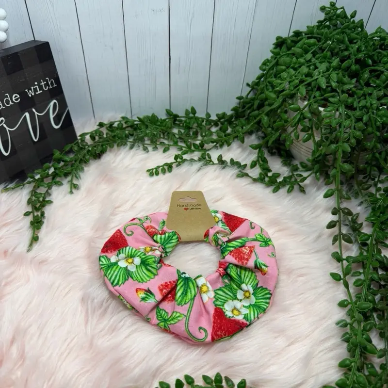 Strawberry Scrunchies - Pink Floral Design Hair Ties for Women and Girls