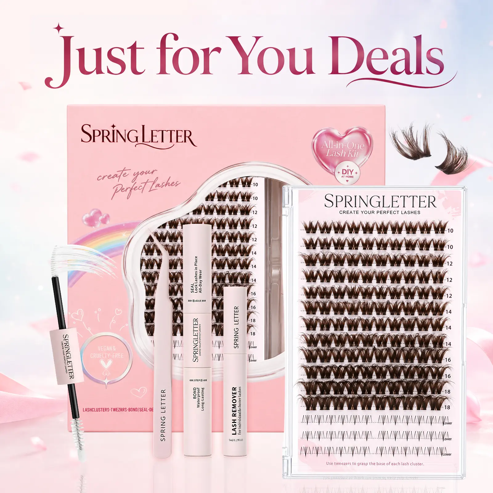 Lash Cluster Kit – Fluffy Wispy Lashes, DIY Eyelash Extension Set, Beginner-Friendly, Long-Lasting Wear Waterproof Bond and Seal Glue Fox Eye Manga Style Lightweight Makeup Cosmetic