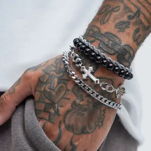 4 Pcs Stainless Steel Bracelet Set for Men Women, Punk Fashion Cross Beads Chain Bracelets Simple Hip Hop Unisex Jewelry Gift for Couple Girl Fit Daily Wear