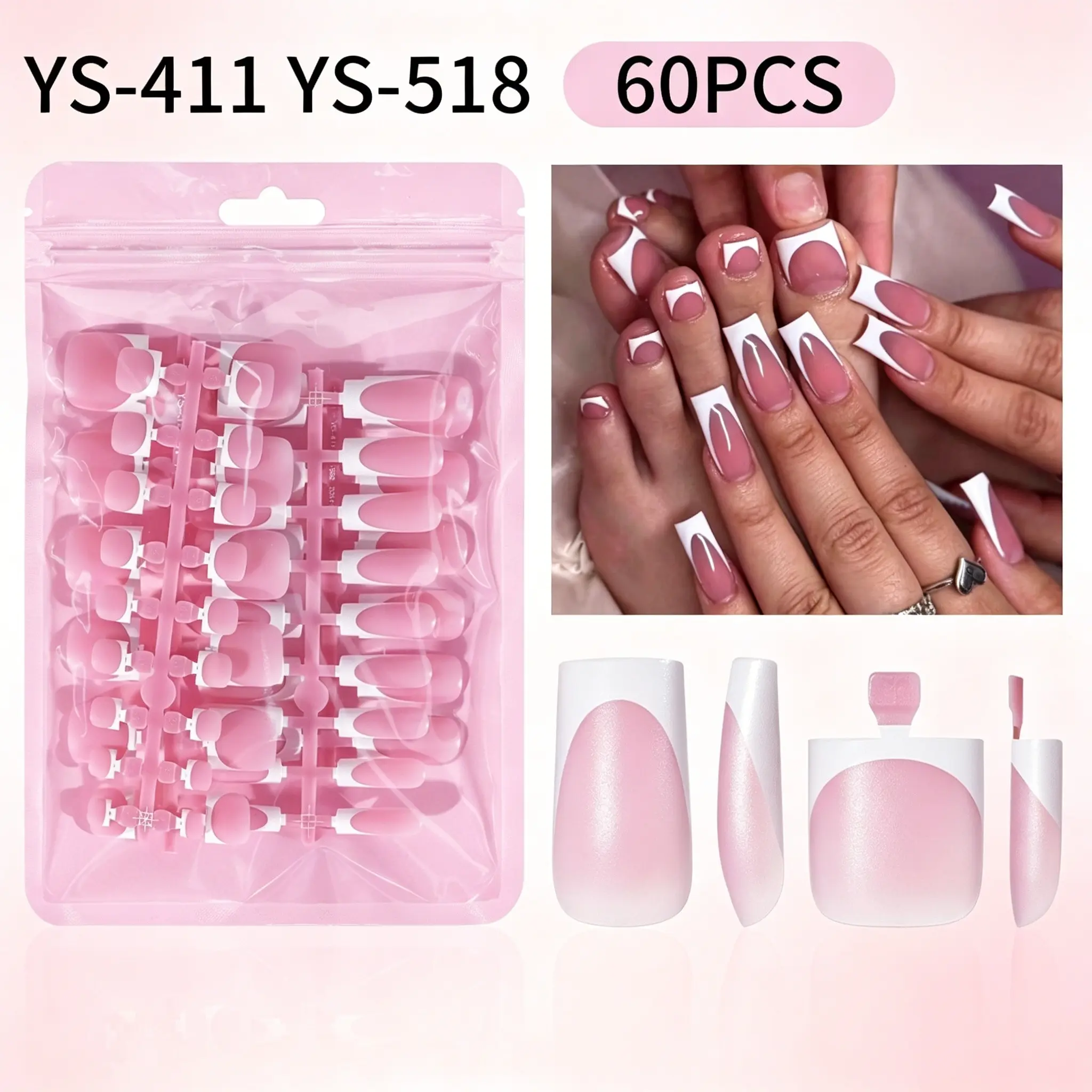 60Pcs Bagged French Square Press On Nails Invisible Removable False Nail Tips Nail Art