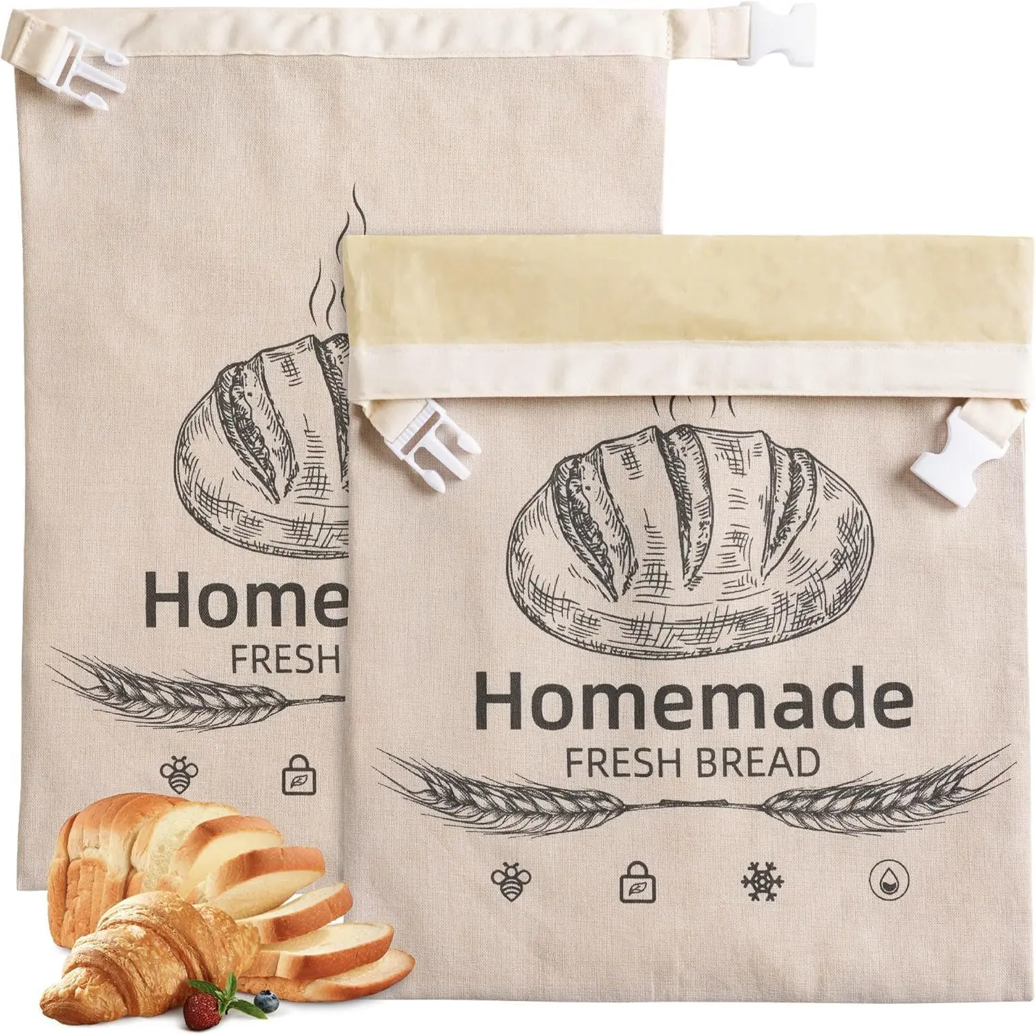 2-Pack Large Size Organic Linen BPA-Free Beeswax Bread Bags (17x12.6 in) - Baking Supplies, Reusable Food Storage Cloth Bags for Sourdough, Moisture Lock Freezer-Safe Kitchen Utensils