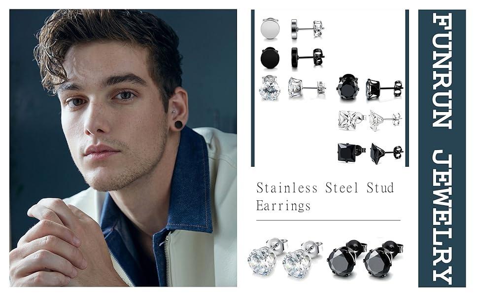 FUNRUN  6 Pairs Stainless Steel Stud Earrings for Men Women CZ Round Earrings Black 3-10MM