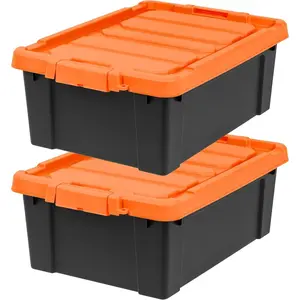 12 Gallon Lockable Storage Bins with Lids 2 Pack Made in USA Heavy Duty Stackable Containers Garage Organizing Bins Moving Tubs Rugged Sturdy Equipment Utility Box Black Orange