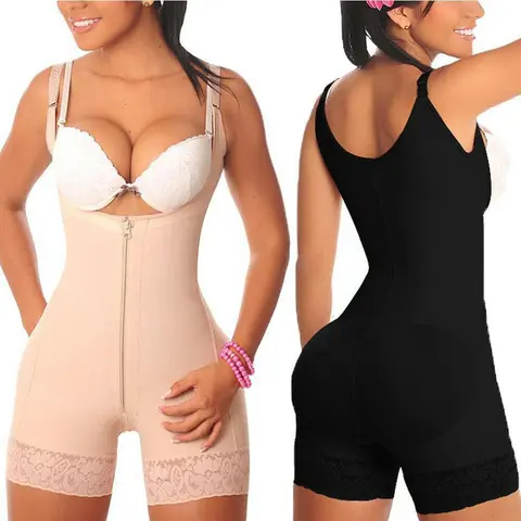 Women's Plus Size S-6XL Nylon Blend High Comp. Shapewear Bodysuit - Adjustable Straps, Zip Front, Waist Trainer, Thigh Trimmer, Tummy Flattering Outfits, Body Contouring Beige Gym Corset