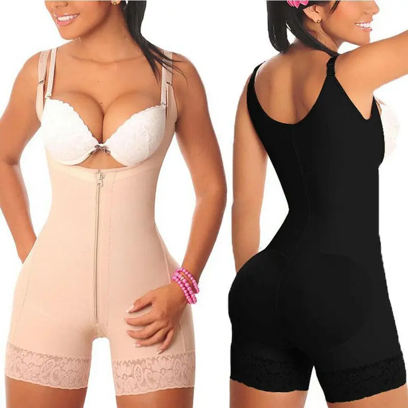 Women's Plus Size S-6XL Nylon Blend High Comp. Shapewear Bodysuit - Adjustable Straps, Zip Front, Waist Trainer, Thigh Trimmer, Tummy Flattering Outfits, Body Contouring Beige Gym Corset