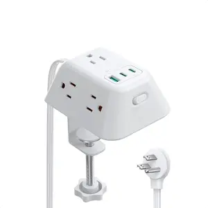 Desk Clamp Power Strip with USB C PD 20W, Desktop  Station with 5 AC Outlets, 1440J Surge Protector, Fit 1.97in Tabletop Edge Thick, Extension Cord 6ft for  Office Essentials, White