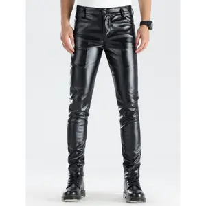 Men's Chic PU Pants - Casual Slim Fit Medium Stretch Faux Leather Biker For Spring Fall Suitable for K-pop Style & Wear Perfect Gift Fashionable Men