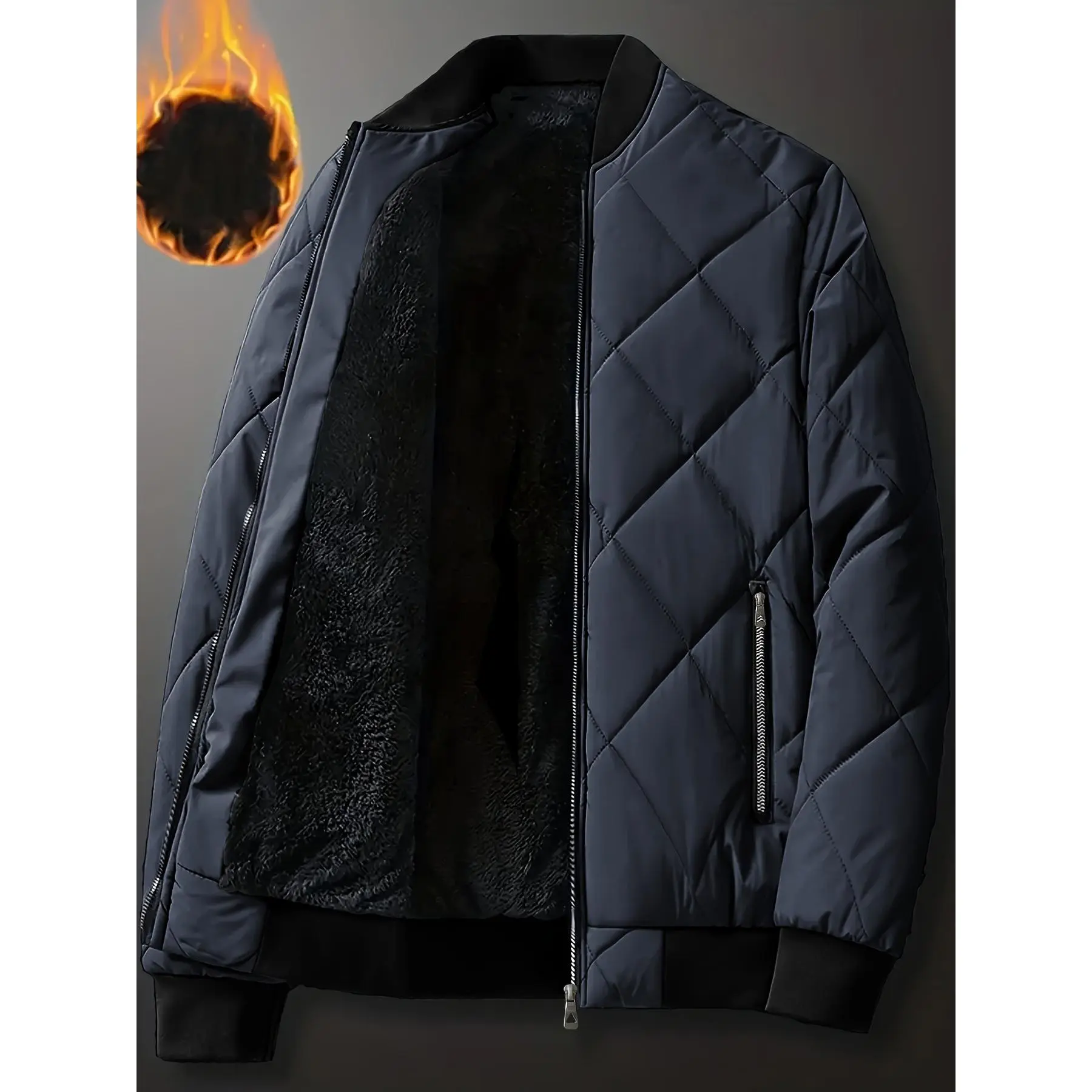 [Quilted Padded Jacket] Thick Winter Coat - Men's Casual Quilted Padded Jacket - Solid Color, Regular Fit, Non-Stretch Polyester Fabric, Stand Collar, Woven Polyester Fiber Filling, with Pockets
