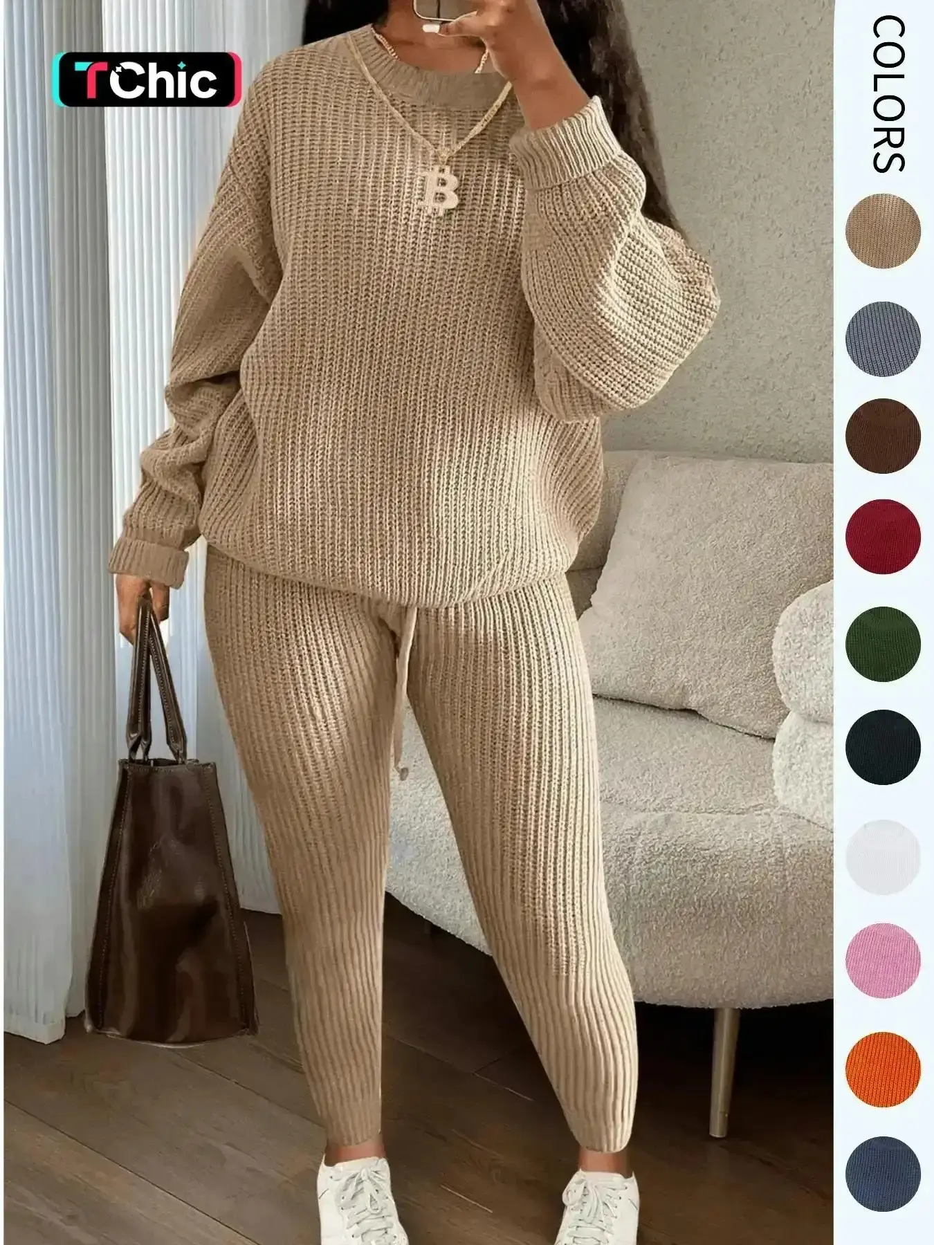 Women's Solid Round Neck Drop Shoulder Long Sleeve Baggy Sweater & Drawstring Waist Pants Knit Set, Casual Cozy Knitwear for Daily Outdoor Wear, Ladies Fall & Winter Outfits, Women's 2 Pcs Sweater Set, Clothes, Style, Womenswear