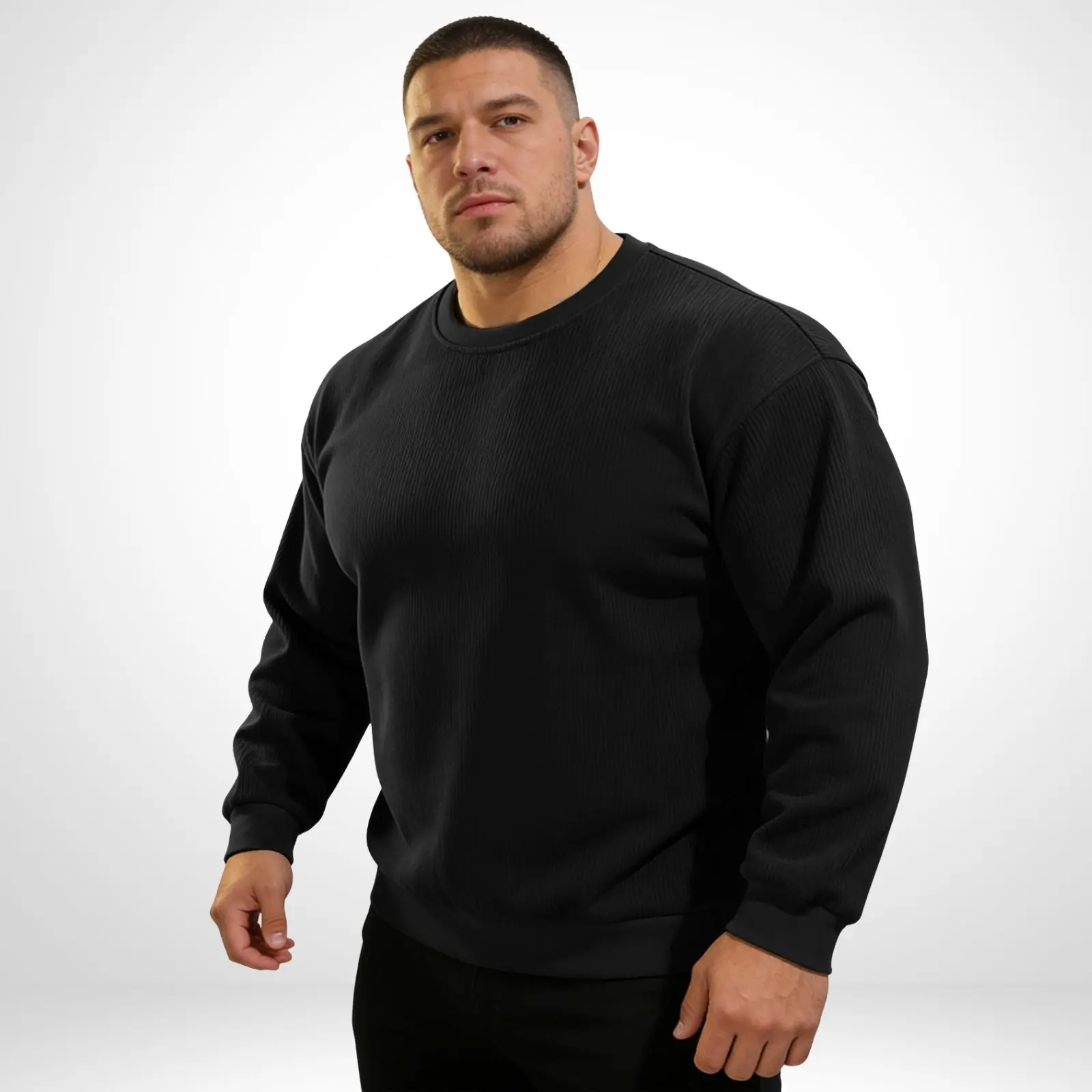 Men's Plus-Size Polyester Waffle Round Neck Sweatshirt - Stylish, Comfortable Soft, 2XL, Loose-Fitting Drop-Shoulder Full-Length Longsleeves Plain Oversized Pullover, Casual Minimalist Menswear Top