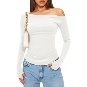 Yousify Womens Ribbed Off The Shoulder Tops Long Sleeve Going Out Tops Cute Slim Fit Shirts with Thumb Holes