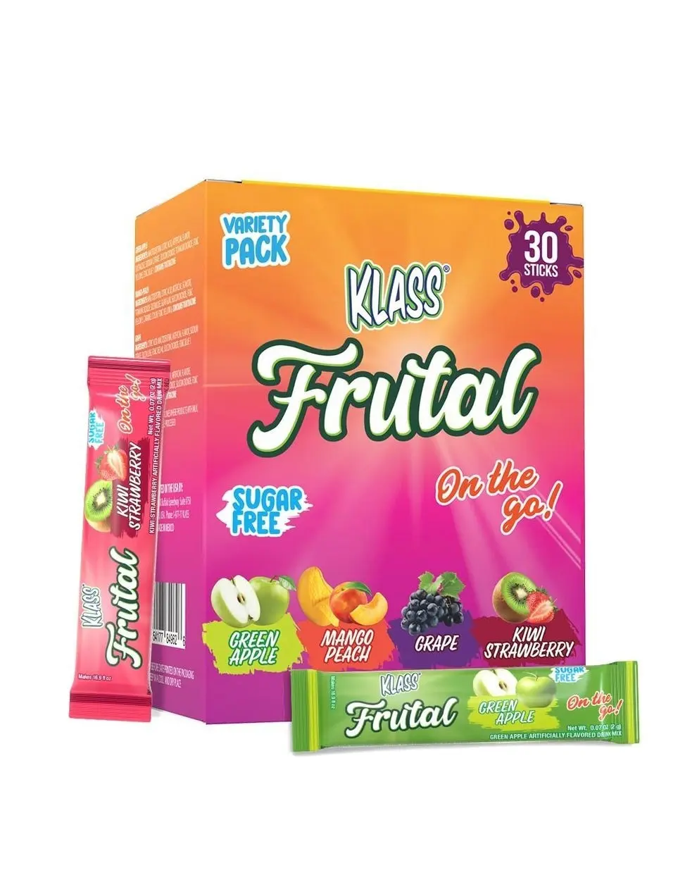 Klass Frutal Powdered Drink Mix Variety Pack: Green Apple, Mango Peach, Grape, and Kiwi Strawberry (30 Stick Packs) - Frutal On-The-Go!