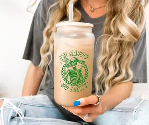 St Patrick's Day I'm Happy Go Lucky Skull Themed Glass Cup with Lid and Straw 16 oz, St Patrick's Day Green Themed Iced Coffee Cup, Skeleton Glass Tumbler, St Patrick's Day Stylish Mug Drinkware