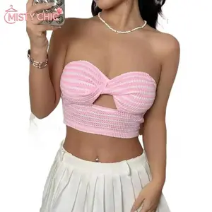 MISTY CHIC Stretchy Striped Knit Bandeau Top With Twist Knot And Cutout, Backless Strapless Crop Tube Top, Ribbed Fabric, Ideal For Summer Beachwear, Parties And Versatile Casual Street Fashion