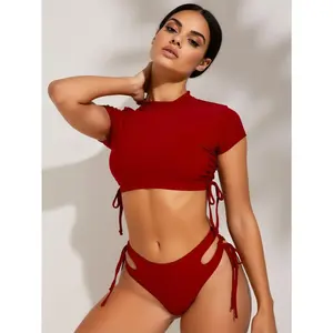 2026 Red Two-Piece Swimsuit – High-Waisted Side-Cutout Bikini, High-Slit Side-Tie Swimsuit, Perfect for Beach Vacations