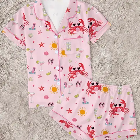 Women's Summer Beach Crab Print Pajama Set, 2-Piece Tropical Button-Down Short Sleeve Loungewear, Casual Summer Loungewear, Cute Pink Sleepwear with Cocktail, Sun & Heart Prints, Perfect for Summer Nights & Beach Vacation, Pyjamas, Printed Sleepwear Set
