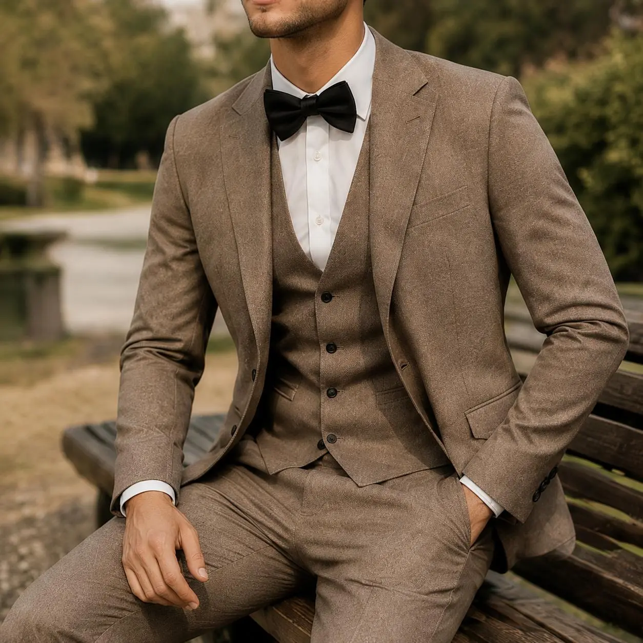 Men's Three Piece Suit Set with Vest and Bow Tie Formal Tuxedo Style Suit for Wedding Party Business Event Evening Wear
