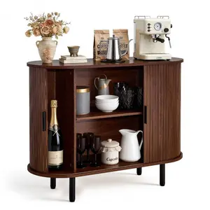 summervibes Coffee Bar Cabinet with Storage, Mid-Century Fluted Coffee Bar Table, Buffet Stand with 2 Sliding Doors, Sideboard Station for Living Room, Kitchen, 39.3x15.7x29.5in, Walnut, Coffee Bar Cabinet Storage