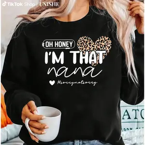 Summer Black Long Sleeve Sweatshirt with Leopard Heart & Nana Design, Unisex, Breathable Fit