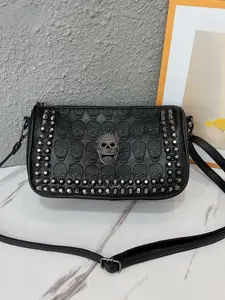2026 Women's Crossbody Shoulder Bag, Fashionable PU Leather, Adjustable Strap, Smooth Zipper, Skull Head Hardware Decor, Elegant Embossed Bag