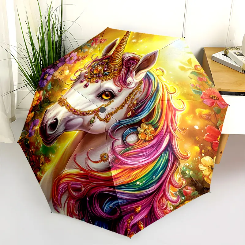 1 PC Automatic Folding Umbrella - Magical Unicorn Fantasy Artwork Pattern, Portable & Foldable Design with 8 Ribs, Merry Christmas Pattern,Casual Outdoor Accessory Halloween and Christmas Birthday Gifts. E0095