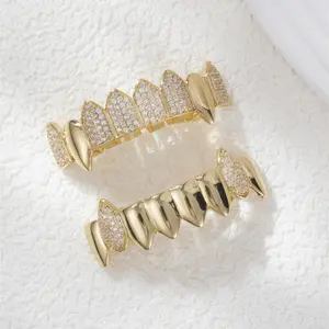 Two For One!!! Hip Hop Braces Gold Teeth Halloween Street Rap Vampire Fangs Zircon Gold Plated Braces