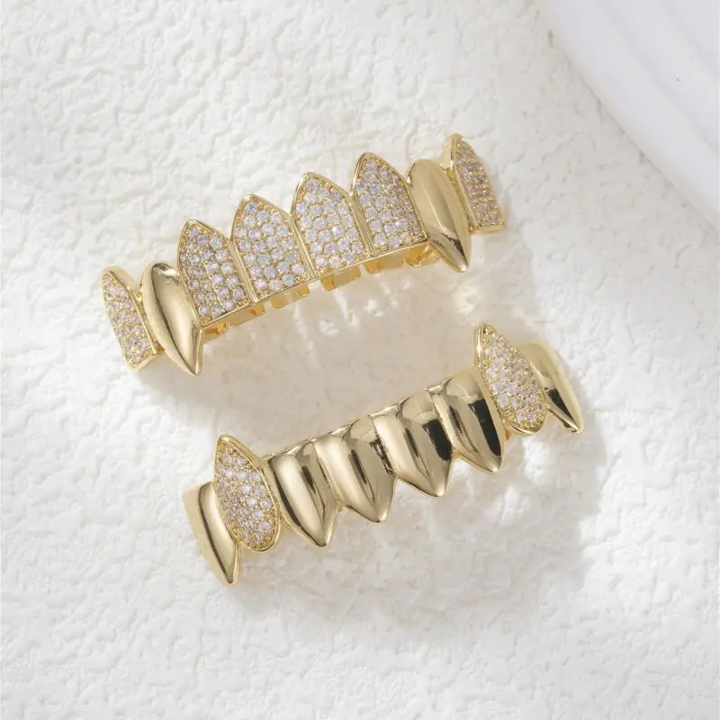 Two For One!!! Hip Hop Braces Gold Teeth Halloween Street Rap Vampire Fangs Zircon Gold Plated Braces