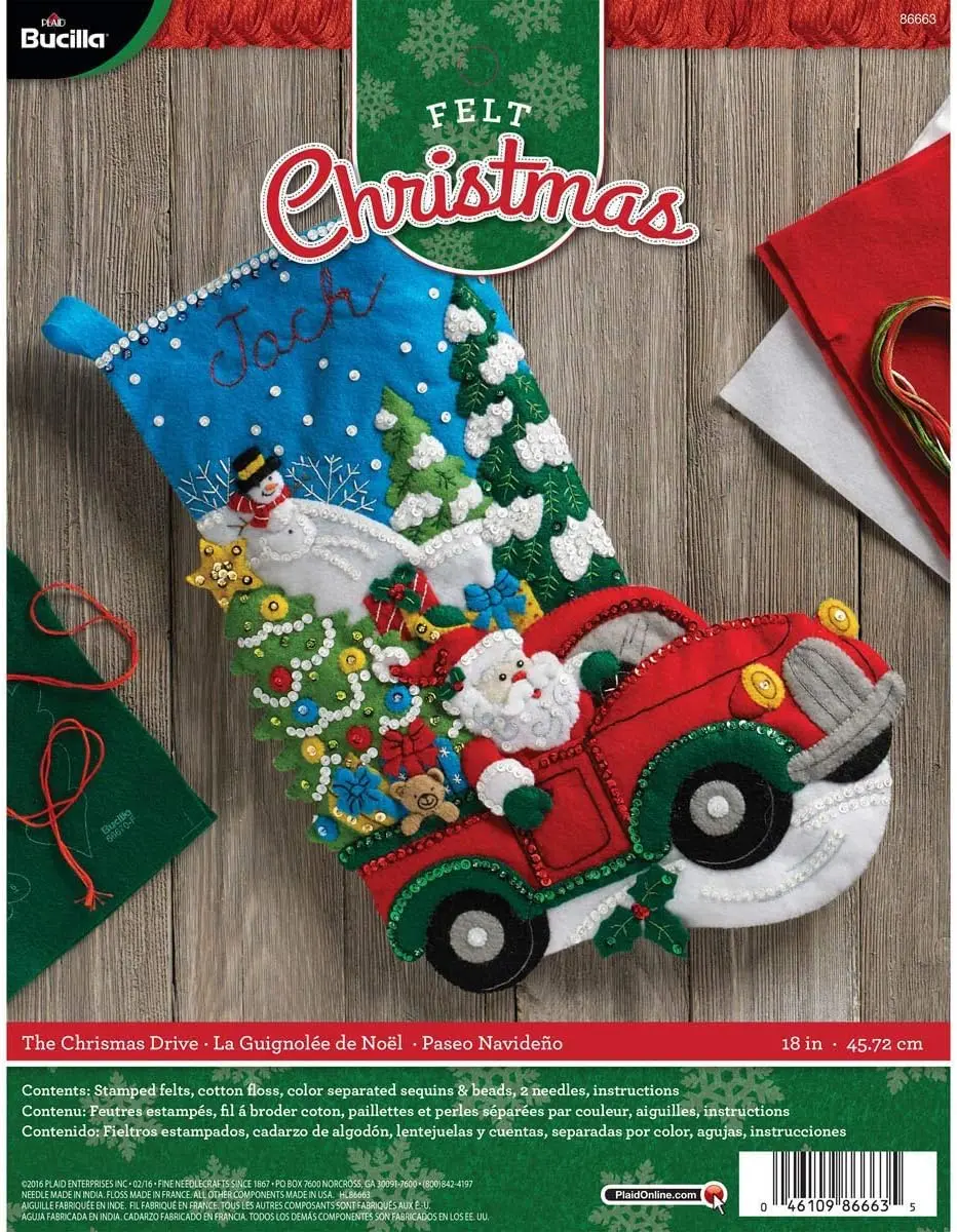 Bucilla 86663 Classic Cotton Stamped Felt Applique Stocking Kit - The Christmas Drive, 18 In Basic Decoration, Beginner-Friendly Embroidery, Beads-Included Home Supply for Festive Use, Holiday