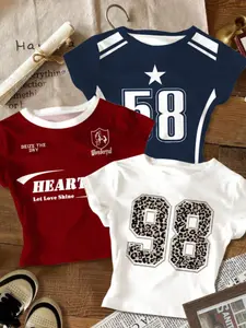 3-piece girls' fashionable round neck printed short sleeved base top, comfortable to wear for sports and leisure travel, simple, breathable and clean, girls' clothing, Graphic Tee, Heart Print Tee