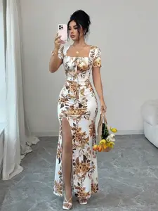 Women's Summer Short Sleeve Dress, Digital Print Vacation Dress, Split Hem Beach Holiday Long Dress, Waist Cinch Elegant Chic Floral Dress, Evening Gown