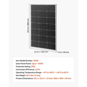 VEVOR 2PCS 100W Monocrystalline Solar Panels, 23 High-Efficiency Mono PV Module with Stable MC4 Output Aluminum Frame, IP65 Waterproof Solar Panel for Car Boat RV Flat Rooftop Off-Grid Applications