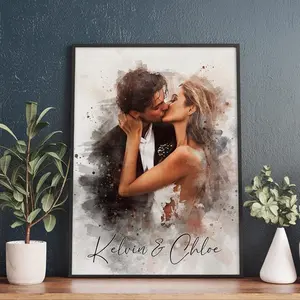 Watercolor Couple Portrait from Photo, Custom Wedding Anniversary Wall Art, Personalized Love Artwork for Wife Husband Parents, Engagement Gift for Friend