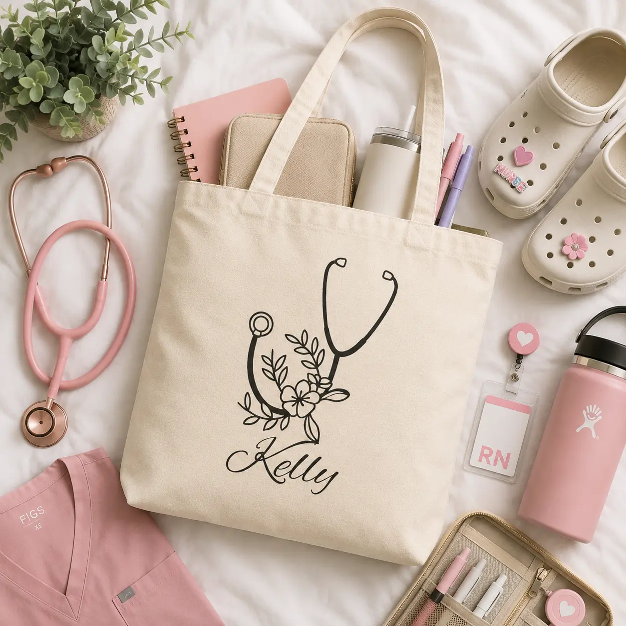 Personalized Floral Stethoscope Name Tote Bag Cotton Canvas Tote, Medical Nurse Doctor