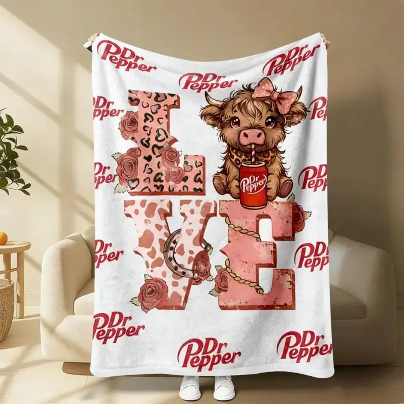 LOVE Highland Cow Dr Pepper White Flannel Blanket Super Soft Warm Cozy Throw for Bed Sofa Travel Ideal Gift for Soda & Cow Lovers girlfriend colorful design kakashi bratz polyester fabric cute sloth pattern blanket lightweight couple, Highland Cow Blanket