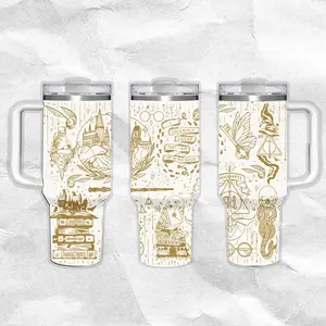Wizarding World Engraved Pattern 40oz Handle Tumbler – Retro Fantasy Stainless Steel Travel Mug, Hawkins Inspired Horror Cup, Double Wall Thermal Drinkware, Large Iced Coffee Tumbler, Gift for TV Show & Dungeon Game Fans