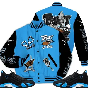 14 University Blue Outfits, Black University Blue 14s Varsity Jacket, Trust No One Unisex T-Shirts To Match Sneakers Streetwear