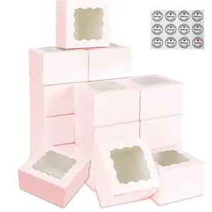 Pink Cookies Boxes with Window Bakery Boxes for Macaron,Cakesickle,Chocolate Truffle,Donut &Treat Boxes for Christmas Valentine's Easter Mother's Day 3.39'x3.39'x2.48'
