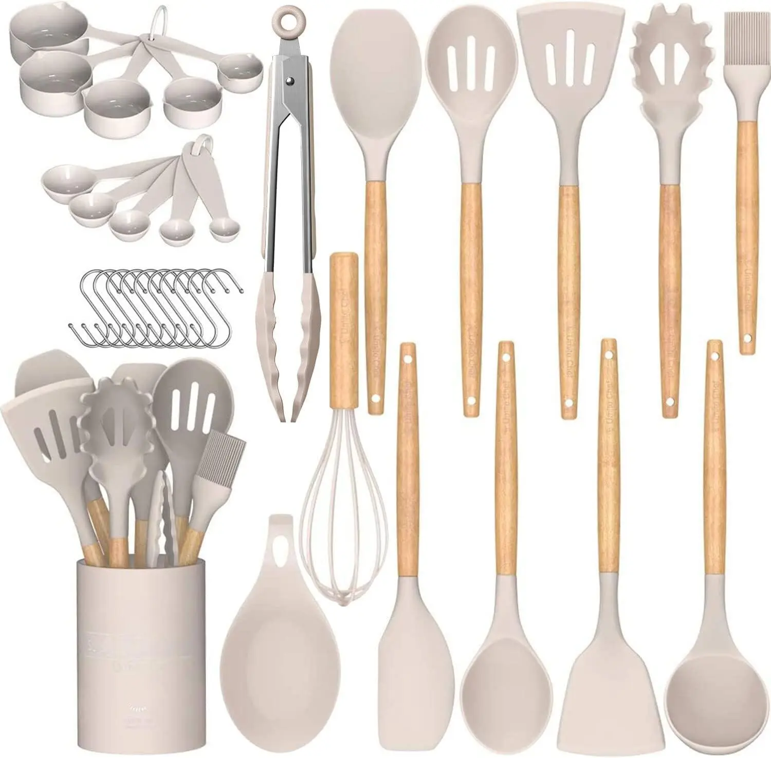 [New Deal] 33-Piece Non-Stick Silicone Kitchen Utensils Set with Wooden Handles & Holder – Versatile Cooking Tools for Pasta, Spatulas & More Cookware  Sturdy, Nonstick Cooking Spoon, 33-Pieces