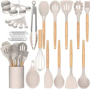 [New Deal] 33-Piece Non-Stick Silicone Kitchen Utensils Set with Wooden Handles & Holder – Versatile Cooking Tools for Pasta, Spatulas & More Cookware  Sturdy