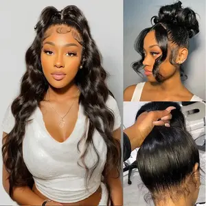URody 360 Full Lace Wig Invisible Strap HD Body Wave hLace Front Wigs Human Hair Pre Pluck Brazilian Body Wave Transparent Lace Hidden Strap Frontal Black Wigs 180 density