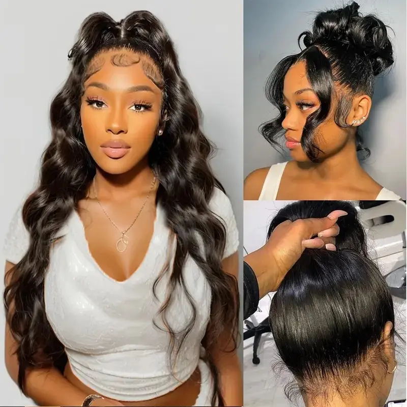 URody 360 Full Lace Wig Invisible Strap HD Body Wave hLace Front Wigs Human Hair Pre Pluck Brazilian Body Wave Transparent Lace Hidden Strap Frontal Black Wigs 180 density