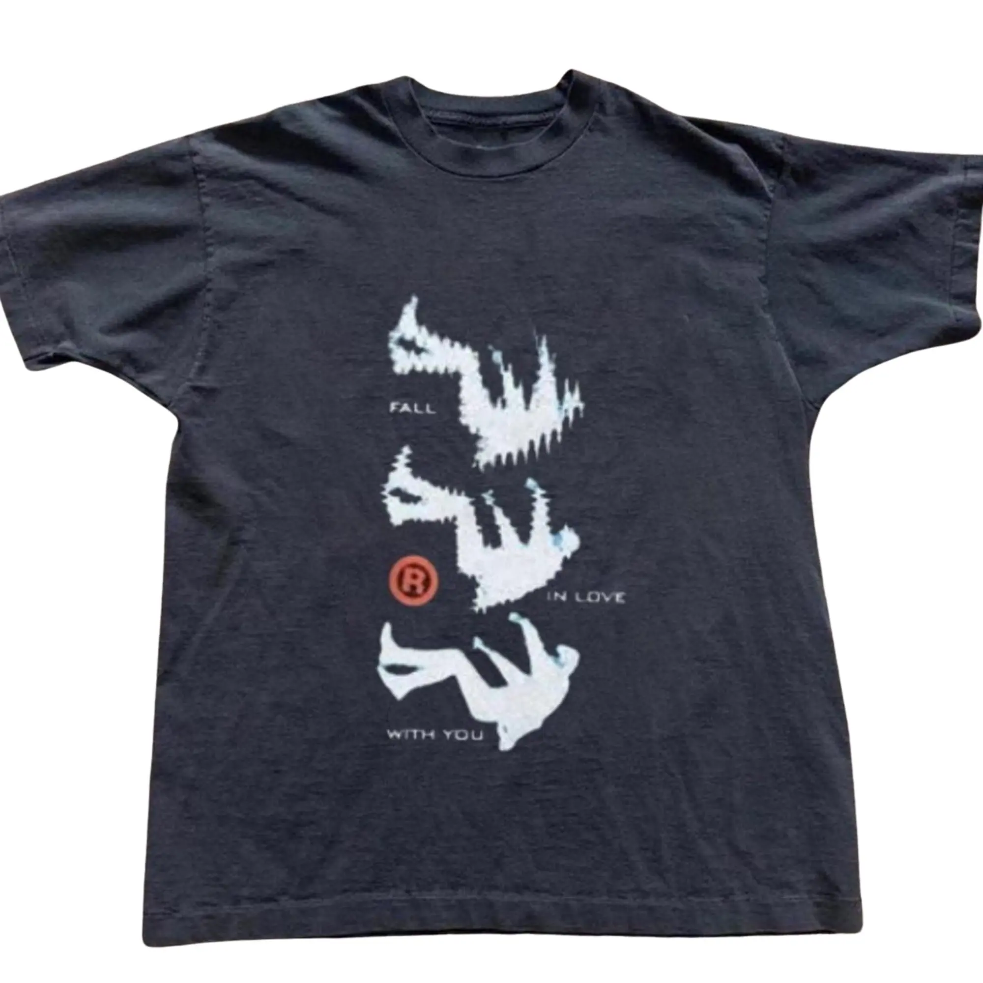Fall In Love With You Glitch Distortion Graphic T-Shirt, Aesthetic Melting Human Figure Sketch Art Print with Red Registered Logo, Unisex Black Heavyweight Streetwear Tee, Y2K Style