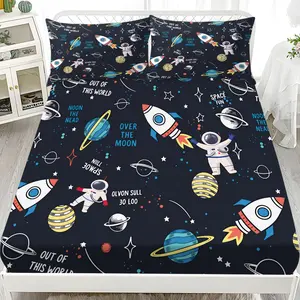 Space Rocket Bed Sheet Set (1 Fitted + 2 Pillowcases), Modern Style, Comfortable and Aesthetic, Suitable for Dorms and Hotels