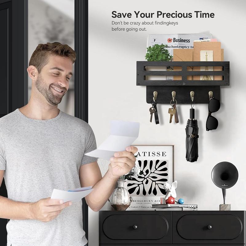 Key Holder Wall Mount, 10 inch Decorative Key and Mail Holder for Wall, with Mail Organizer & 4 Key Hooks, Rustic Wooden Key Rack for Hanging Dog Leash Sunglasses, Entryway Key Hanger, Black