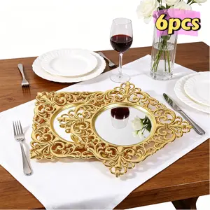 CNCEST Set of 6  Charger Plates with Embossed Edge 11.8 Inch Gold/Silver/Rosegold Square Dinnerware Heavy Duty PP & Acrylic Platters for Wedding, Banquet & Party Table Decor