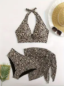 【Plus Size】Leopard Print Bikini Set, Swimsuit Style Bikini, Casual Fashion Tie Back Bikini Top & Bikini Bottom & Cover Up Skirt Set, Women's Swimsuit for Beach Holiday Vacation