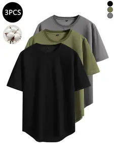 3-pack men’s T-shirts with curved hem, loose fit, cotton blend, moisture-wicking and four-way stretch; breathable casual loose-fit T-shirts suitable for workouts and everyday wear.