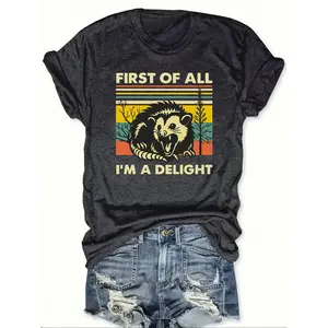 Retro Squirrel Print T-Shirt, Creative Text “First of all, I’m glad,” Casual Retro-Style Short-Sleeve Top, Summer Slimming T-Shirt GARMENTARY