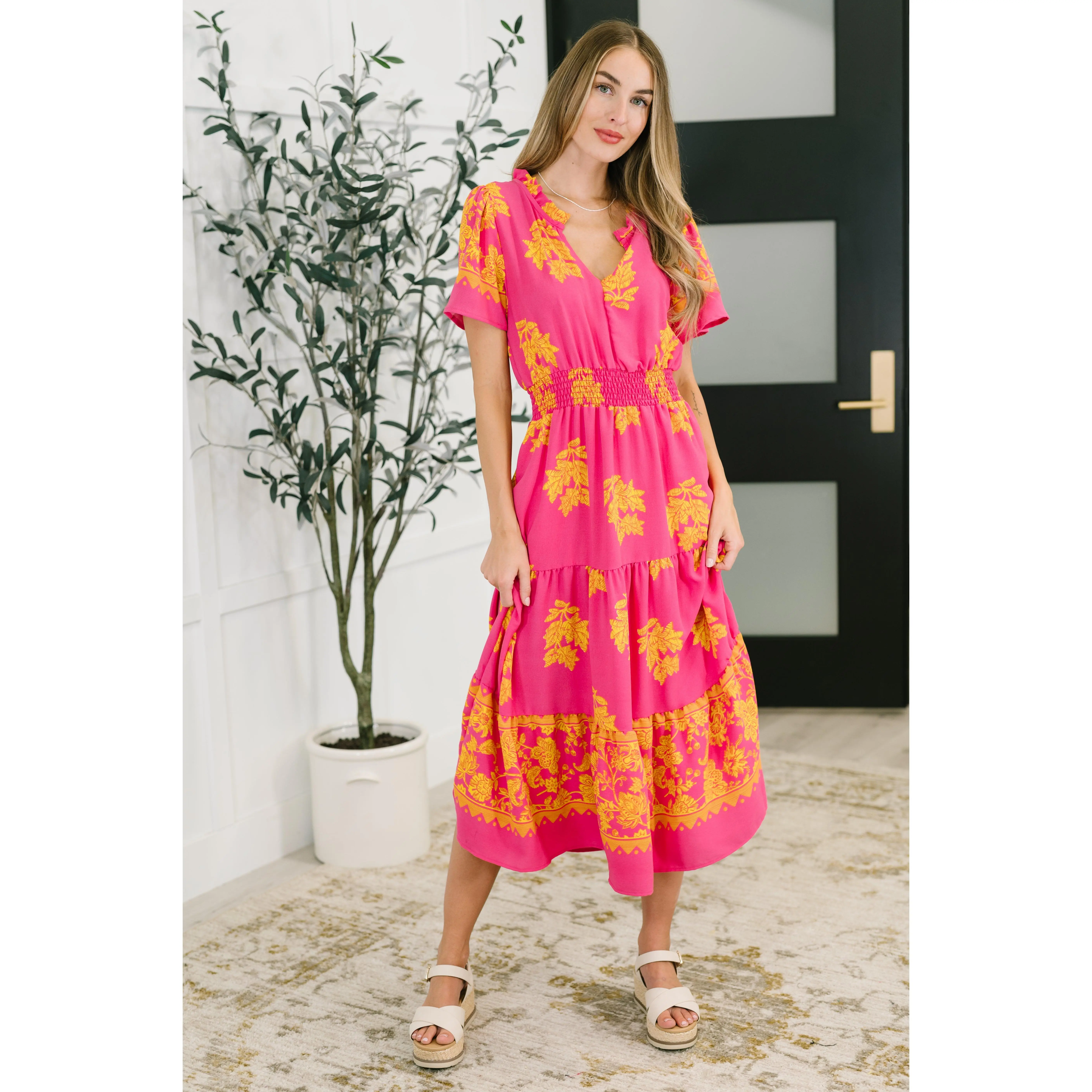 Whispering Willow V-Neck Dress in Fuchsia
